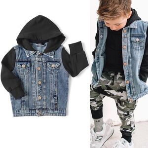Little Bipsy Collection kids denim hooded knit contrast snap jacket 3-6M